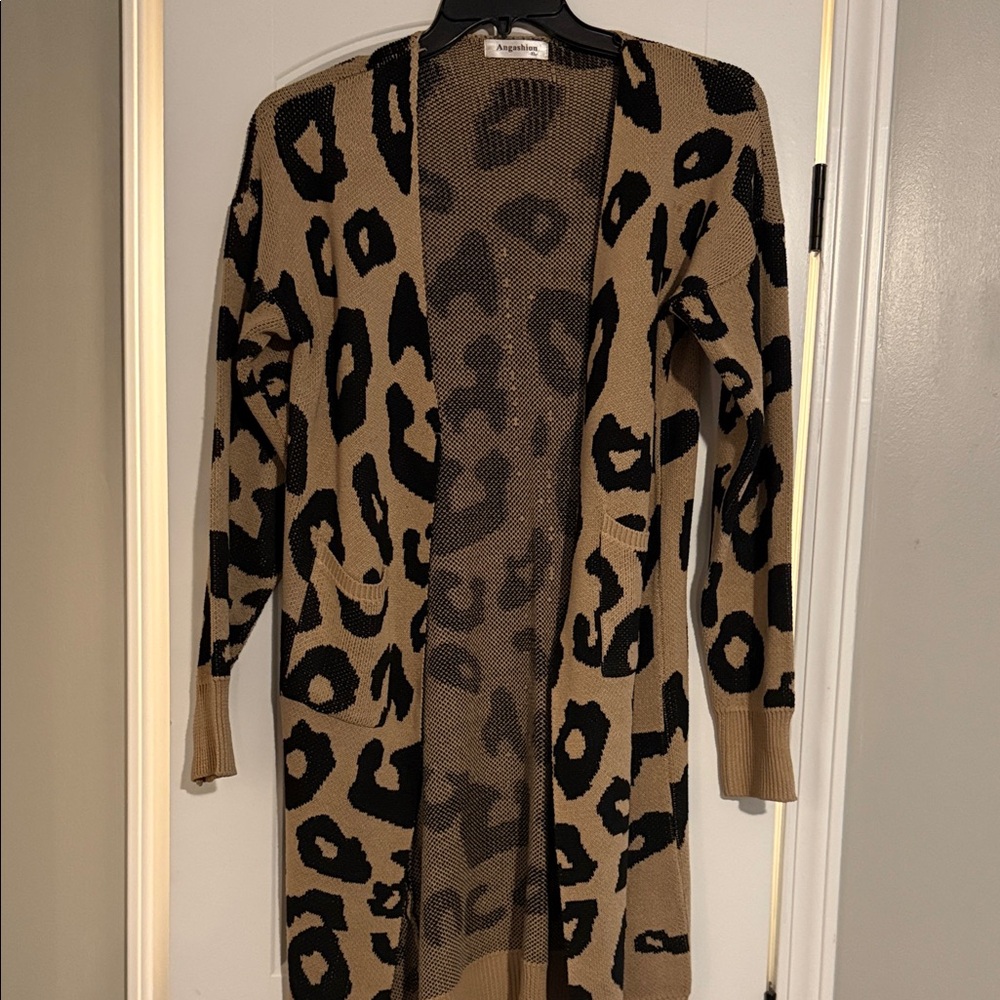 Ambiance Leopard Print Open Front Cardigan - Tan and Black